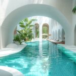 Indoor pool with white arches lush greenery 150x150