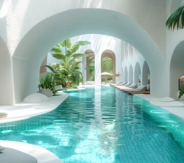 Indoor pool with white arches lush greenery 360x320