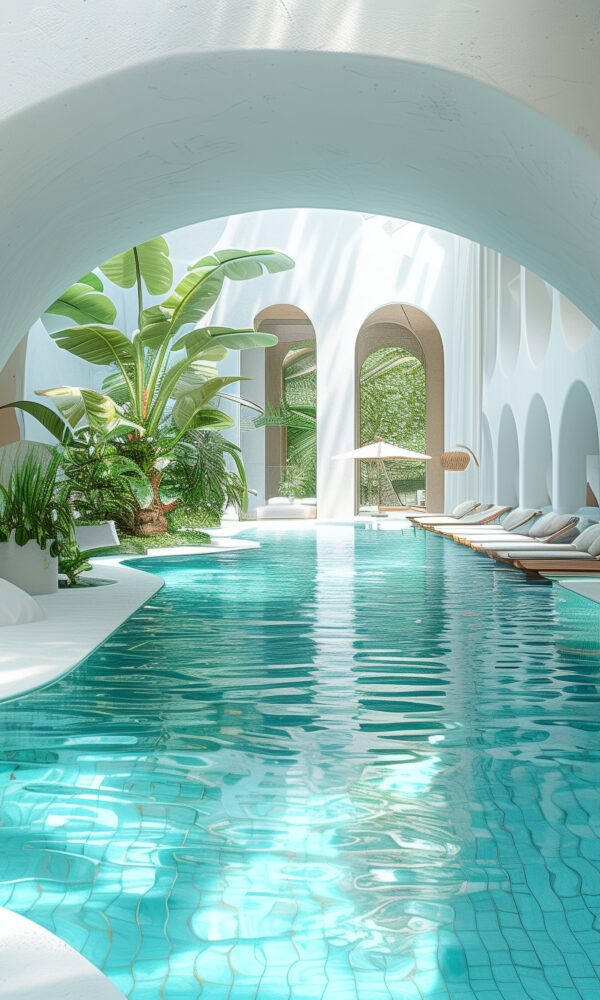 Indoor pool with white arches lush greenery 600x1000