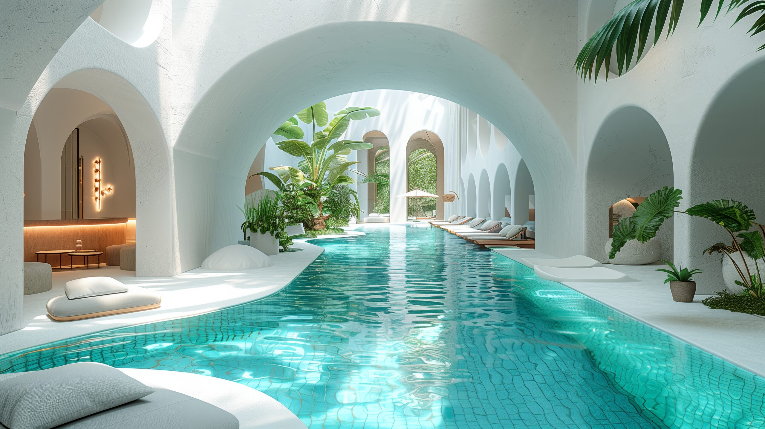 Indoor pool with white arches lush greenery scaled