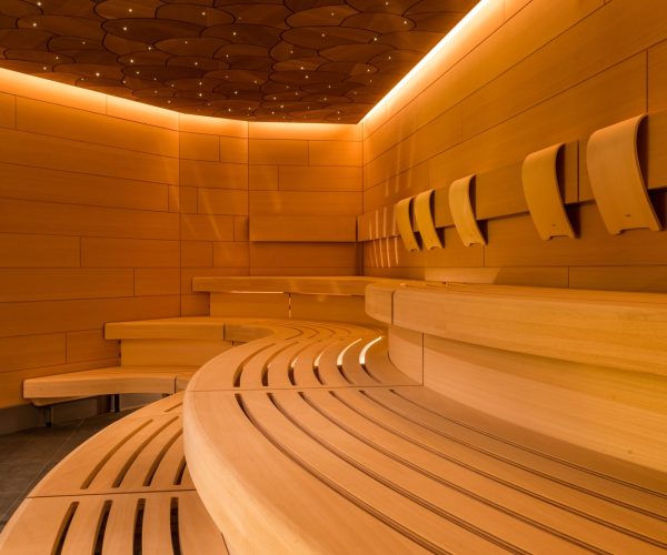 A vertical shot of a beautiful sauna room design